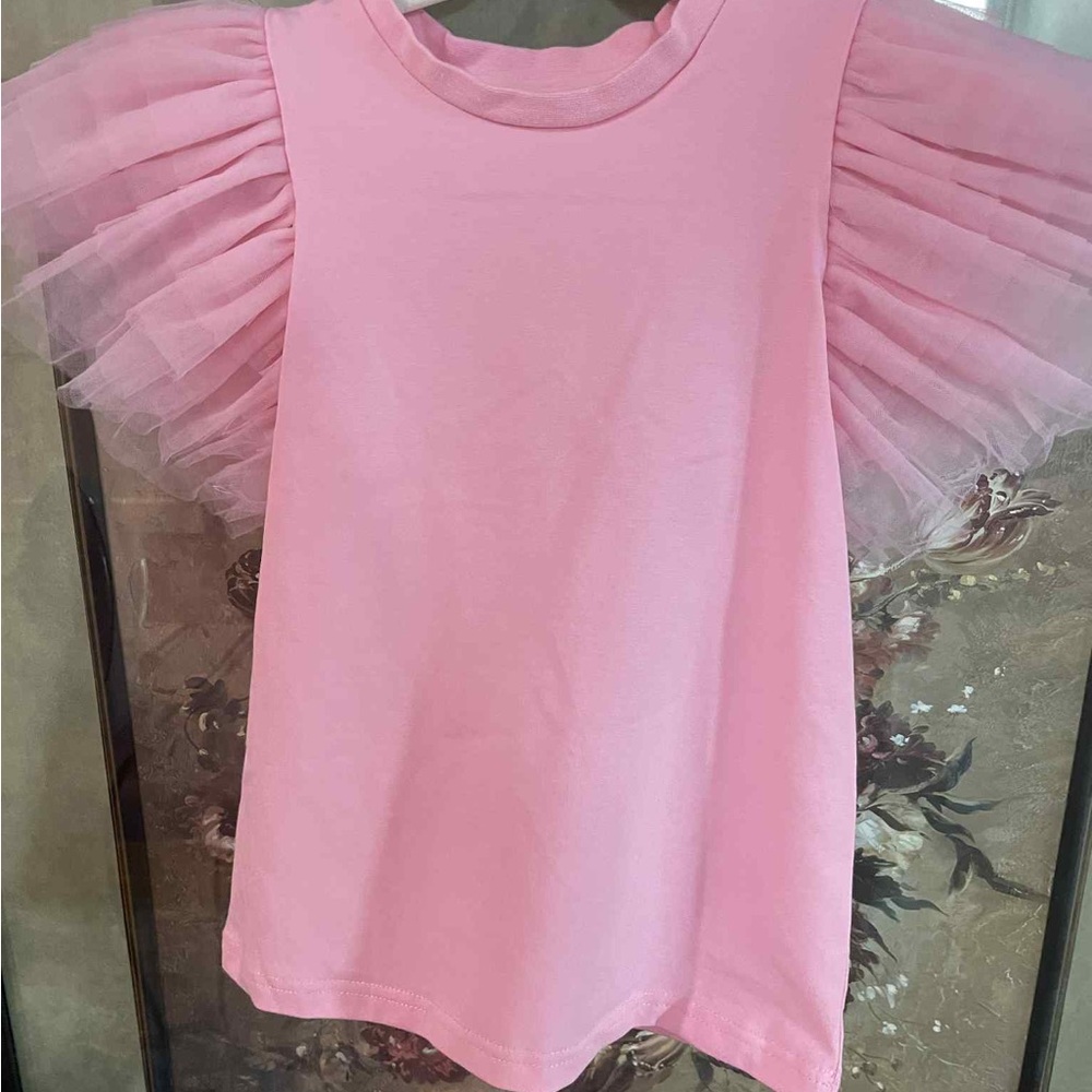 Lola + the Boys Pink Girls Tulle Ruffle Sleeve Top